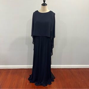 MARINA  Navy Blue Pleated Skirt Draped Cape Style Gown Size 8 - Reemoly